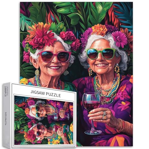 Puzzle mit zwei glücklichen Großmüttern, 1000 Teile für Erwachsene, Trinkszene, Kunst-Puzzle, herausfordernde Familienaktivitäten, buntes Bastelpuzzle für Heimdekoration, Geschenke, 50,8 x 68,6 cm von Generic