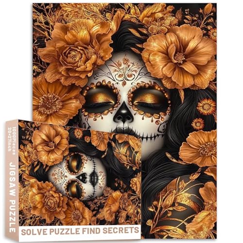 Queen Golden Flower Sugar Skull 1000 Teile Puzzle 50 x 70 cm Hyper Detaillierte Dunkelweißgold-Illustration Bunte DIY-Puzzles für Heimdekoration, Geschenke, Familienpuzzle, perfekt für Spielabende von Generic
