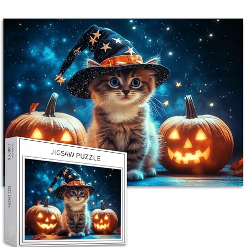 Ragdoll Katzenjunges Halloween Zauberer 1000 Teile Puzzle für Erwachsene Anfänger Familienspiel DIY Handwerk Kunst Heimdekoration Geschenk 68,6 x 50,8 cm von Generic