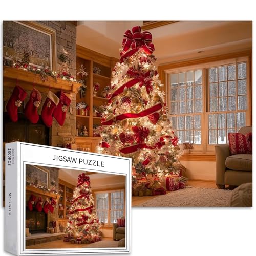 Red Ribbon Christmas Tree 1000 Teile Puzzle für Erwachsene, Weihnachtsdekoration, Szene, Kunst, Puzzle, Herausfordernde Familienaktivitäten, Spiele, bunt, DIY-Bastelpuzzle für Heimdekoration von Generic