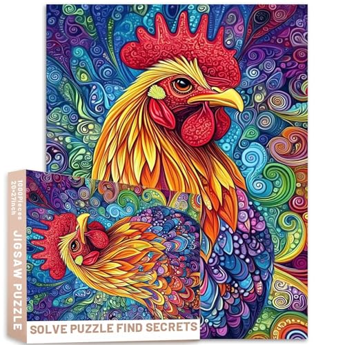 Regenbogen-Hahn-Puzzle, psychedelischer Kunststil, Laubhintergrund, 50 x 70 cm, buntes DIY-Puzzles für Heimdekoration, Geschenke, Familienpuzzle, perfekt für Spielabende von Generic