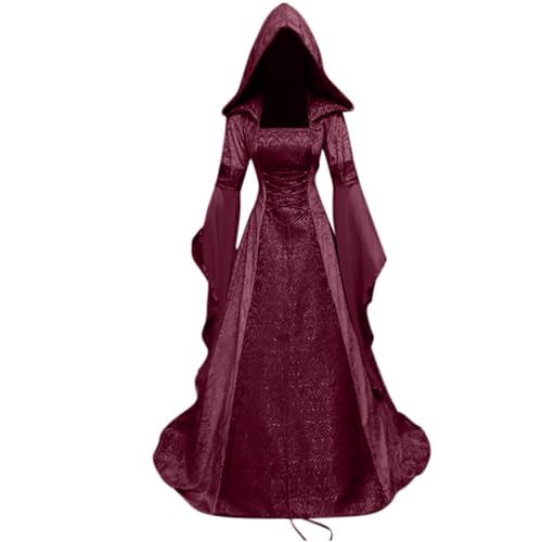 Renaissance Kleidung Damen Schnürkleid Mittelalter Kleider Damen mit Kapuze Gothic Kapuzenkleid mit Trompetenärmel Karneval Renaissance Kleidung Damen Schnürkleid Mittelalter Kleider Damen mit Kapuze Gothic Kapuzenkleid mit Trompetenärmel Karneval von Generic