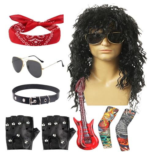 Rocker Kostüm Herren Rocker Kostüm Set - 70er und 80er Jahre Rocker Perücke Herren Hippie Perücke mit Sonnenbrille Bandana - 9 Stück Hippie Perücke Herren mit Sonnenbrille Ban Rocker Kostüm Herren Rocker Kostüm Set - 70er und 80er Jahre Rocker Perücke Herren Hippie Perücke mit Sonnenbrille Bandana - 9 Stück Hippie Perücke Herren mit Sonnenbrille Ban von Generic