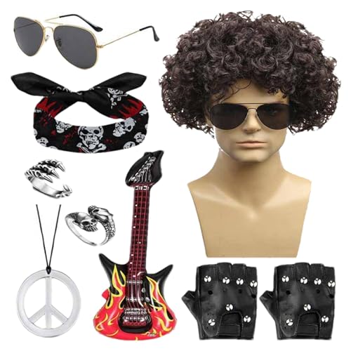 Rocker-Kostüm für Herren, 80er-Jahre-Kostüm für Herren, Motto-Kostüme der 80er-Jahre für Herren, 9-teiliges Rock-Kostüm-Set, Zubehör von Generic