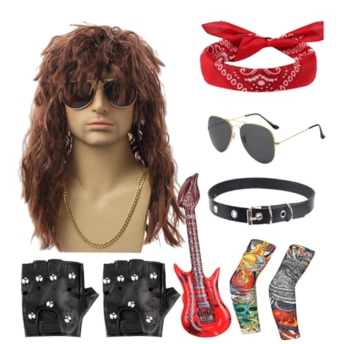Rockero-Kostüm der 80er Jahre für Herren, Rocker-Kostüm für Herren, Rocker-Kostüm Heavy Metal für Herren, Hippie Perücke für Herren, 9 Stück, mit Bandana, Sonnenbrille, Rocker-Perücken Rockero-Kostüm der 80er Jahre für Herren, Rocker-Kostüm für Herren, Rocker-Kostüm Heavy Metal für Herren, Hippie Perücke für Herren, 9 Stück, mit Bandana, Sonnenbrille, Rocker-Perücken von Generic