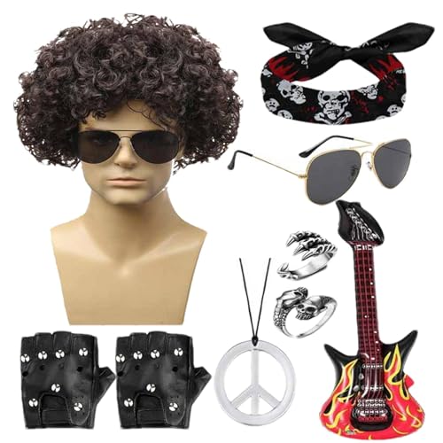 Rockstar-Kostüm, Rockstar-Kostüm | 80er Jahre Rocker-Partykleider für Herren, 9-teiliges Set für männliche Halloween-Kostüme, lockige Rockperücke und mehr für die Hippie Party der Jahre ' Rockstar-Kostüm, Rockstar-Kostüm | 80er Jahre Rocker-Partykleider für Herren, 9-teiliges Set für männliche Halloween-Kostüme, lockige Rockperücke und mehr für die Hippie Party der Jahre ' von Generic