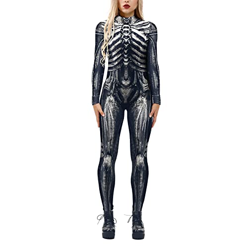 Rollkragen Roboter Rüstung Overall 3D-Druck Skelettkostüm Cosplay Bodysuit Einteiler Skeleton Ganzkörper Reißverschluss Cosplay Catsuit Damen Faschingkostüm Clubwear Für Halloween Karneval (Black, M) von Generic