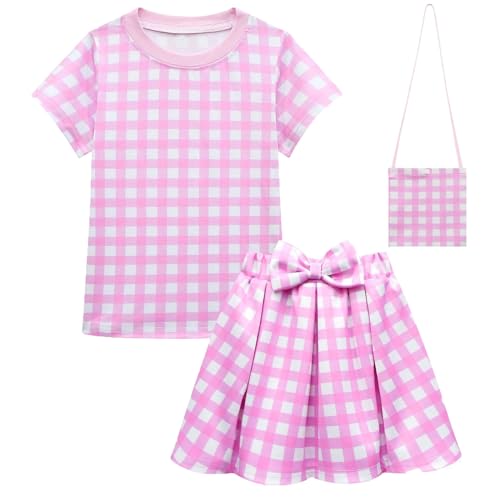 Rosafarbenes Cosplay-Kostüm für Mädchen rosa kariert Geburtstagsparty-Kostüme Oberteil Rock Tasche Outfit-Set Babykleidung Mädchen Rosafarbenes Cosplay-Kostüm für Mädchen rosa kariert Geburtstagsparty-Kostüme Oberteil Rock Tasche Outfit-Set Babykleidung Mädchen von Generic