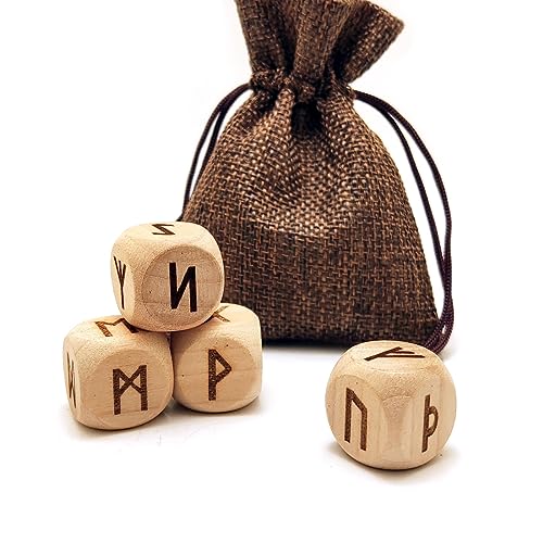 Runenwürfel-Set, Holz, 4-teiliges Set, 24 geschnitzte Elder Furthark Alphabet Wikinger Rune Holz Würfel für Wahrsagungsspiel von Generic