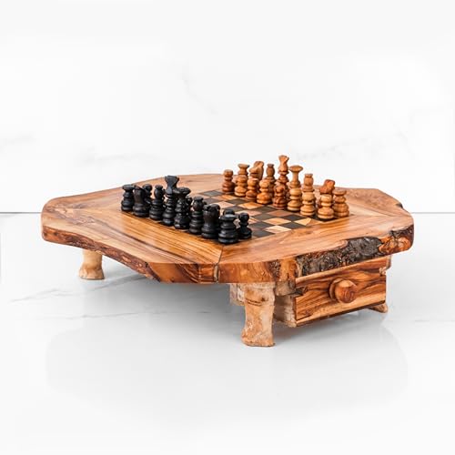 M´Zaytouna Schachbrett aus Olivenholz, Schachspiel Holz, Handgefertigt,100 Bio, rustikal mit Schublade, Brettspiel aus Olivenholz mit Füßen inkl. Figuren, einzigartige Schachgeschenke (Schwarz) von Generic