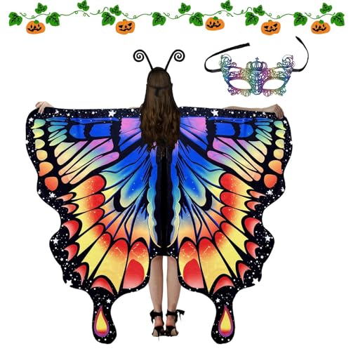 Schal mit Schmetterlingsflügeln, Damen-Kostüm, Halloween-Umhang für Damen – Kostüm aus weichem Schal | bunte Schmetterlingsflügel mit Maske und Antennenstirnband für Frauen und Erwachsene von Generic