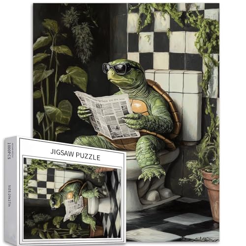 Schildkröten-Lese-Zeitung, 1000-teiliges Puzzle für Erwachsene, Schildkröte auf Toilette, Kunst-Puzzle, bunte DIY-Puzzles für Heimdekoration, Geschenke, Familienpuzzle, perfekt für Spielabende, 50,8 x von Generic