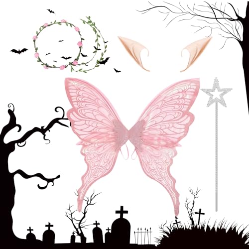 Schmetterlingsfee Kostüm - Halloween Kinderkostüm Mit Schmetterlingsflügeln,Elastische Verkleidungs-Accessoires Mit Blumenhaarreif Für Kinder Und Erwachsene von Generic