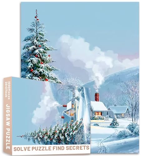 Schneehaus-Landschaftspuzzle mit dekoriertem Baum, rote Ornamente, 1000 Teile, Wandkunst, Erwachsene, anspruchsvolle Familienaktivitäten, Spiele, bunt, Bastelpuzzle für Heimdekoration, Geschenke von Generic