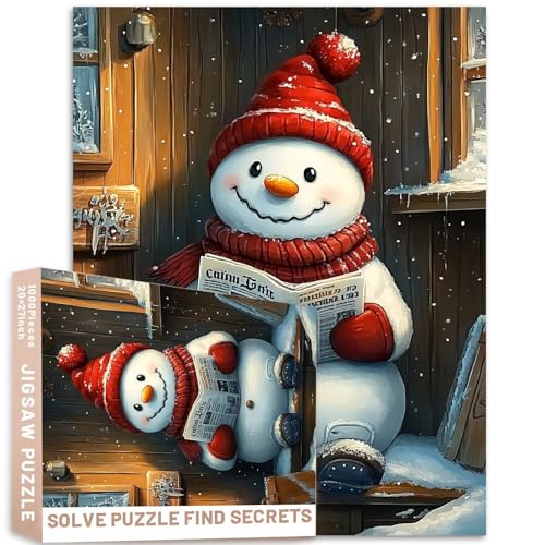 Schneemann lesen Zeitung 1000 Stück Weihnachten Puzzle Erwachsene Kinder Buch Stil Cartoon Warm 60x50cm Herausfordernde Familie Aktivität Spiele Bunte DIY Handwerk Puzzle für Wohnkultur Geschenke von Generic