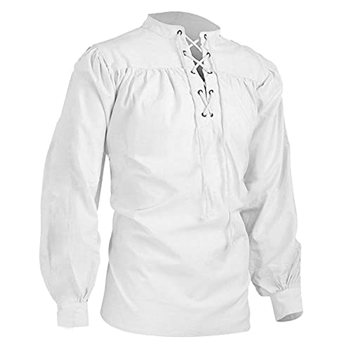 Schnürhemd Herren Piratenhemd Retro Schnürung Langärme Mittelalter Wikinger Renaissance Hemd Hippie Shirt Baumwolle Halloween Karneval Kostüm Bluse Schwarz/Weiß von Generic