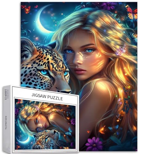 Schönes Mädchen steht neben einem Leopard, 1000-teiliges Puzzle für Erwachsene, anspruchsvolle Familienaktivitäten, buntes DIY-Bastelpuzzle für Heimdekoration, Geschenke, 68 x 50 cm Schönes Mädchen steht neben einem Leopard, 1000-teiliges Puzzle für Erwachsene, anspruchsvolle Familienaktivitäten, buntes DIY-Bastelpuzzle für Heimdekoration, Geschenke, 68 x 50 cm von Generic