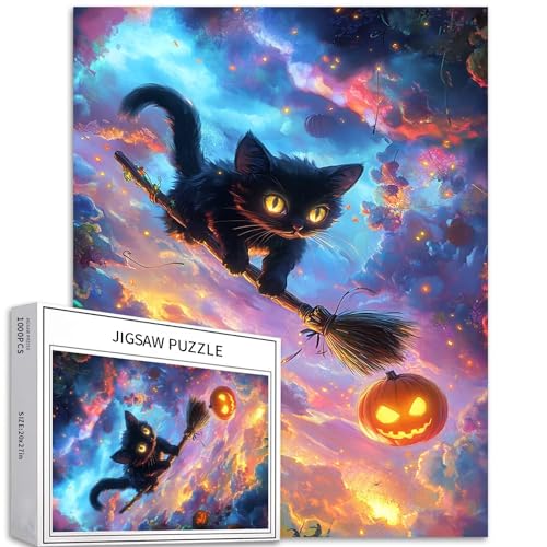 Schwarze Katze, die auf einem Besen fliegt, 1000-teiliges Puzzle für Erwachsene, magischer Cartoon-Stil, Kunst-Puzzle, anspruchsvolle Familienaktivitäten, buntes DIY-Bastelpuzzle für Heimdekoration Schwarze Katze, die auf einem Besen fliegt, 1000-teiliges Puzzle für Erwachsene, magischer Cartoon-Stil, Kunst-Puzzle, anspruchsvolle Familienaktivitäten, buntes DIY-Bastelpuzzle für Heimdekoration von Generic