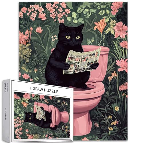 Schwarze Katze zum Lesen von Zeitungen, 1000 Teile Puzzle für Erwachsene, rosa Badezimmer, niedliches Kätzchen-Puzzle, herausfordernde Familienaktivitäten, buntes DIY-Bastelpuzzle für Heimdekoration, von Generic
