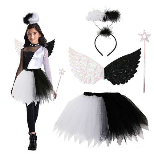 Schwarze und weiße Engelsflügel Set,4pc Kleid Engel Kostüm für Mädchen, Prinzessin Dress Up für Verkleidung Karneval Weihnachten Hochzeit Party Faschingskostüm (Schwarz+Weiß, onesize) von Generic