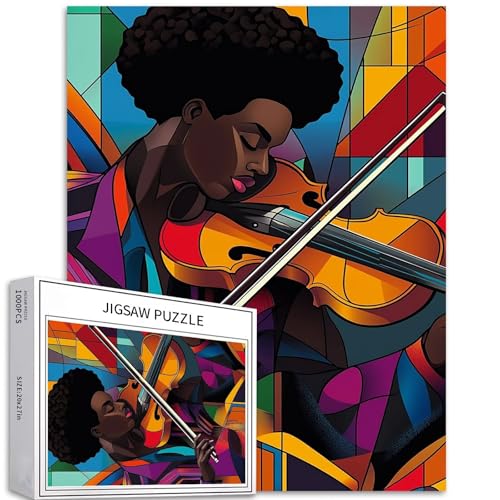 Schwarzer Mann mit Violine, 1000-teiliges Puzzle für Erwachsene, Musik-Puzzle, herausfordernde Familienaktivitäten, buntes DIY-Bastelpuzzle für Heimdekoration, Geschenke, 50 x 70 cm von Generic