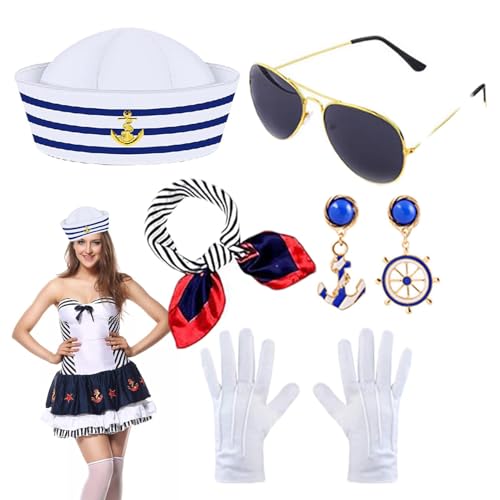 Seemannsmütze und Schal Set, Zubehör für Seemannskostüm, 5-teilig, Seemannskostüm für Damen, atmungsaktiv und bequem, für Halloween, Cosplay, Karneval von Generic