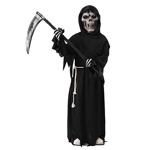 Sensemann Kostüm Sense Schädelmaske SchädeHandschuhe, Unisex Kostüm Grim Reaper für Halloween Party Dekoration Cosplay (4-6 Jahre, Schwarz) von Generic