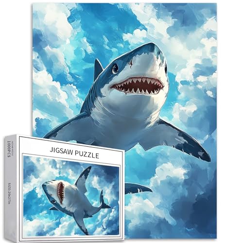 Shark Flying 1000 Teile Puzzle für Erwachsene, Fischaugenobjektiv, Kunst-Puzzle, bunt, DIY-Puzzle, Heimdekoration, Geschenke, Familienpuzzle, perfekt für Spielabende, 50 x 70 cm von Generic