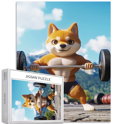 Shiba Inu Gewichtheben Puzzle für Erwachsene, 1000 Teile, Cartoon-Muskelhund-Kunst-Puzzle, buntes DIY-Puzzle, Heimdekoration, Geschenke, Familienpuzzle, perfekt für Spielabende, 50 x 70 cm von Generic