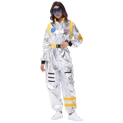 Silber Astronauten Kostüm Damen, AstronautenKostüm Für Damen,Jumpsuit Space mit Brillen Und GüRtel Astronautenanzug Astronaut Overall Anzug Cosmonauten Abenteuer weltall outfit für Halloween Karneval von Generic
