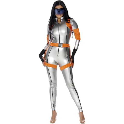 Silber Astronauten Kostüm Damen, Raumfahrer Kostüm Damen, Cosmonauten Costume Mit Bodysuit Gürtel Und Handschuhe Raumfahrtanzug 3-Teiliges Jumpsuit Space Galaxie Outfit Für Halloween & Karneval von Generic