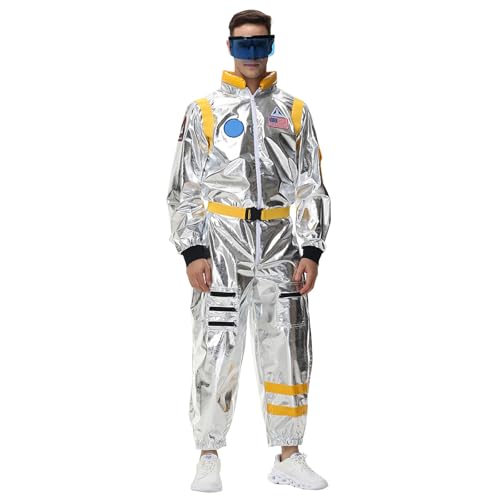Silber Astronauten Kostüm Herren, AstronautenKostüm Für Erwachsene,Cosmonauten Astronautenanzug mit Brillen Und GüRtel Jumpsuit Space Mondkostüm Abenteuer weltall outfit für Halloween & Karneval von Generic