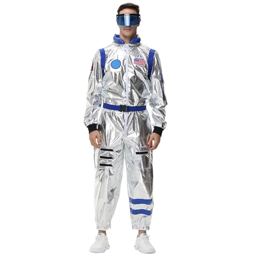 Silber Astronauten Kostüm Herren, AstronautenKostüm Für Erwachsene,Cosmonauten Astronautenanzug mit Brillen Und GüRtel Jumpsuit Space Mondkostüm Abenteuer weltall outfit für Halloween & Karneval von Generic