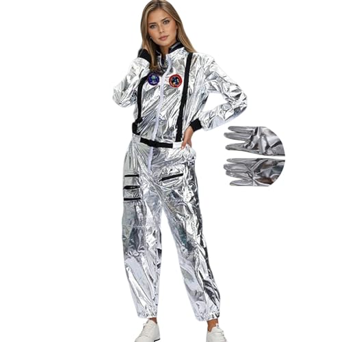 Silber Astronauten Kostüm Overall, Astronaut Kostüm Herren Frauen, Raumfahrtanzug Mit Weltraum Handschuhe Jumpsuit Space Cosmonauten Abenteuer Galaxie Outfit Mondkostüm Costume Für Halloween Karneval von Generic
