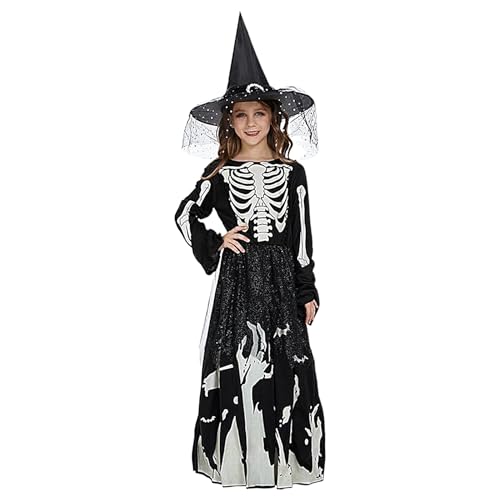 Skelett Witch - Mädchen Halloween Kostüm, ausgefallenes Party -Outfit | Stylisches Hexenkostüm mit Hut für Kinder, themenbezogene Tricks oder Leckerbissen für Schulfeierlichkeiten, Versammlungen von Generic