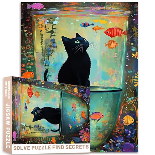 Skurriles 1000-teiliges Puzzle, schwarze Katze im Aquarium, bunte Fische, naiver Kunststil, 50 x 70 cm, lebendiges Design Skurriles 1000-teiliges Puzzle, schwarze Katze im Aquarium, bunte Fische, naiver Kunststil, 50 x 70 cm, lebendiges Design von Generic