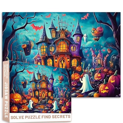 Skurriles Spukhaus-Puzzle, Kürbisschloss, Halloween-Puzzle, 68,6 x 50,8 cm, Fantasie-Puzzle, bunt, DIY-Puzzle, Heimdekoration, Geschenke, Familienpuzzle, perfekt für Spieleabende von Generic