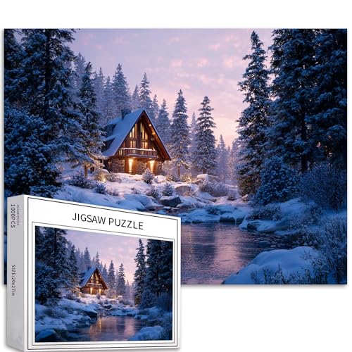 Snow Forest Cabin Puzzle für Erwachsene, Sonnenuntergang, Fluss, Kunst, Puzzle, anspruchsvolle Familienaktivitäten, bunt, DIY-Bastelpuzzle für Heimdekoration, Geschenke, 70 × 50 cm Snow Forest Cabin Puzzle für Erwachsene, Sonnenuntergang, Fluss, Kunst, Puzzle, anspruchsvolle Familienaktivitäten, bunt, DIY-Bastelpuzzle für Heimdekoration, Geschenke, 70 × 50 cm von Generic