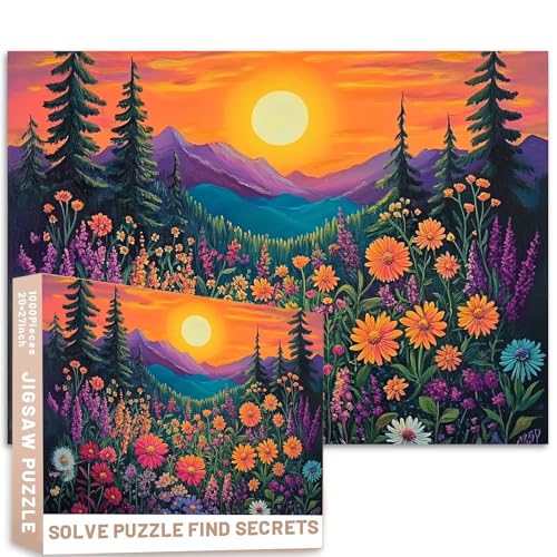 Sonnenuntergang, Berg-Wildblumen-Puzzle, 1000 Teile, Kiefernbäume, Gänseblümchen, Ölgemälde, Stil, 68,6 x 50,8 cm, bunt, DIY-Puzzle, Heimdekoration, Geschenke, Familienpuzzle, perfekt für Spielabende Sonnenuntergang, Berg-Wildblumen-Puzzle, 1000 Teile, Kiefernbäume, Gänseblümchen, Ölgemälde, Stil, 68,6 x 50,8 cm, bunt, DIY-Puzzle, Heimdekoration, Geschenke, Familienpuzzle, perfekt für Spielabende von Generic