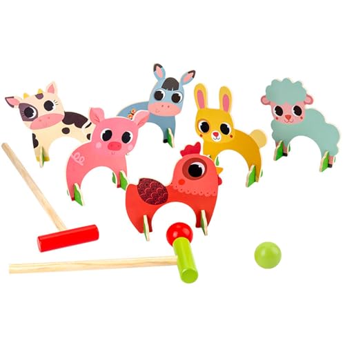 Spiele Set von Krocket Animal Dschungel in Holz - Krocket für Kinder mit Cartoons animierten Tieren, tragbares Spielzeugtor | Schönes Krocket im Freien für Kinder, klassisches Spiel bei von Generic