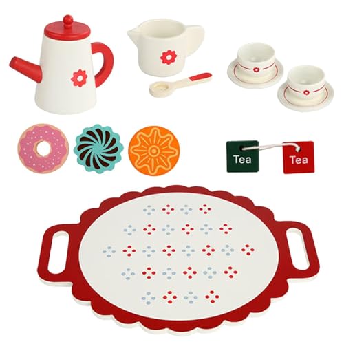 Spielen Sie Teeset aus Holz für Mädchen - Teeset für die Prinzessin aus Holz spielt Teaset, realistisches Spielzeug mit Küchenzubehör für Teekannen zum Geburtstag von Generic