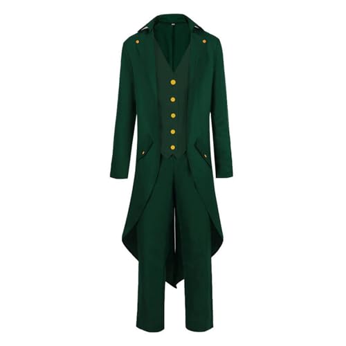 Steampunk Herren Frack Set - Grün Gothic Jacke Herren Lang Inkl. Hut Zepter Fliege Hose Mittelalter Mantel Edelmann Elegant Tuxedo Viktorianische Hof Kleidung Theater Cosplay Karneval Halloween von Generic