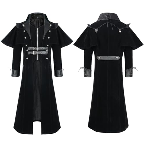 Steampunk Jacke Herren Klassisch, Gothic Mantel Herren Lang, Schwarz Mittelalter Jacke mit Reißverschluss Retro Viktorianischen Hof Gehrock Piraten Vampir Cosplay Cosplay Halloween Outfit von Generic