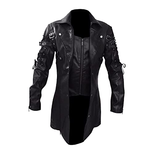 Steampunk Lederjacke Herren Gothic Motorrad Jacke Vintage Mittelalter Punk Lederjacke Herbst Winter Reißverschluss Mantel Halloween Karneval Kostüm von Generic