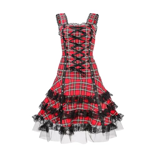 Steampunk Vintage Kleider Damen Midi - Ärmelloses Mittelalter Kleid Damen mit Spitzen Gothic Mesh Kleidung Hohe Taille A-Linie Trägerkleid Karneval Damenkleider Halloween Outfit Fasching Outfite von Generic