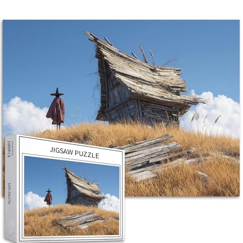 Strohhexe Puzzle für Erwachsene, Halloween, Hügel, Hütte, Kunst, Puzzle, anspruchsvolle Familienaktivitäten, buntes Bastelpuzzle für Heimdekoration, Geschenke, 68 x 50 cm, 1000 Teile von Generic
