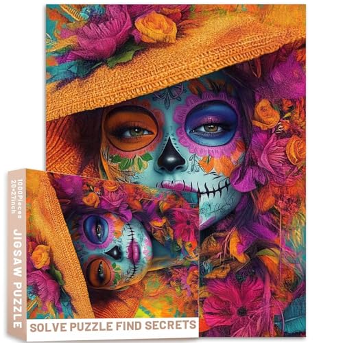 Sugar Skull Girl Floral Sonnenhut 1000 Teile Puzzle lebendige Farben Fantasy Art 68,6 x 50,8 cm detailliertes Porträt bunte DIY-Puzzles für Heimdekoration, Geschenke, Familienpuzzle, perfekt für von Generic
