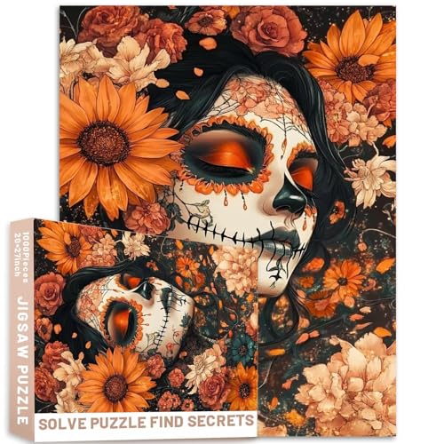 Sugar Skull Mädchen Sonnenblume Frau Puzzle 1000 Teile 68,6 x 50,8 cm Bernsteinfarben Fantasie-Porträt bunte DIY-Puzzles für Heimdekoration, Geschenke, Familienpuzzle, perfekt für Spielabende von Generic