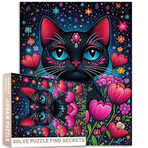 Symmetrisches Katzen-Puzzle, rosa Tulpen, Sternenhimmel, Ganzkörper-Porträt, leuchtende Farben, 68 x 50 cm, 1000 Teile Symmetrisches Katzen-Puzzle, rosa Tulpen, Sternenhimmel, Ganzkörper-Porträt, leuchtende Farben, 68 x 50 cm, 1000 Teile von Generic