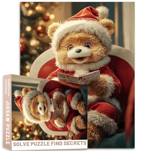 Teddybär-Lesekarte mit Weihnachtsmann, 1000 Stück, Puzzle, leuchtende Farben, Fotografie, Kunst, Geschenk, anspruchsvolle Familienaktivitäten, Spiele, bunt, Bastelpuzzle für Heimdekoration, Geschenke von Generic